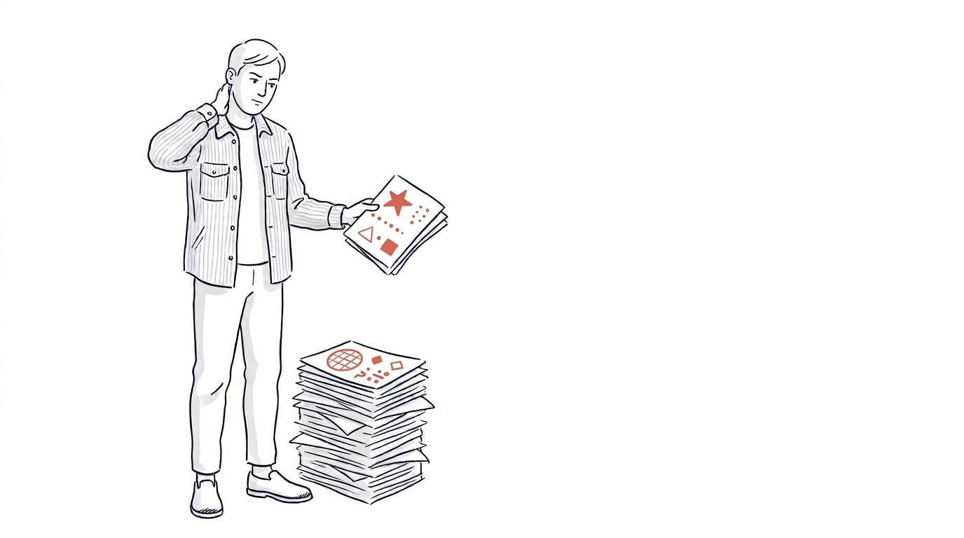 An instructional designer rubs the back of his neck, holding marked-up pages beside a growing stack of work.
