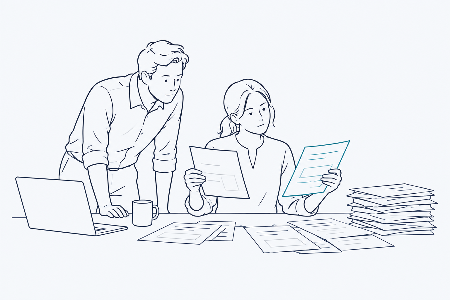 Een ontwerper kijkt mee terwijl een collega tussen verschillende werkinstructies zoekt.